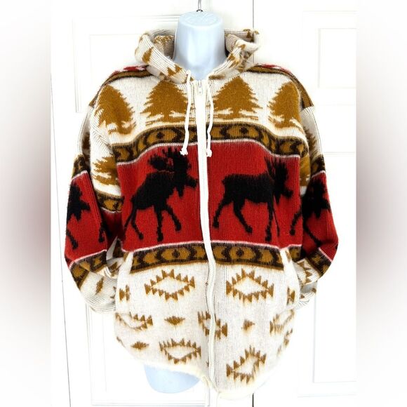 Earth Ragz Moose Pattern Zip Up Hoodie Vintage Southwest Aztec - Picture 1 of 10